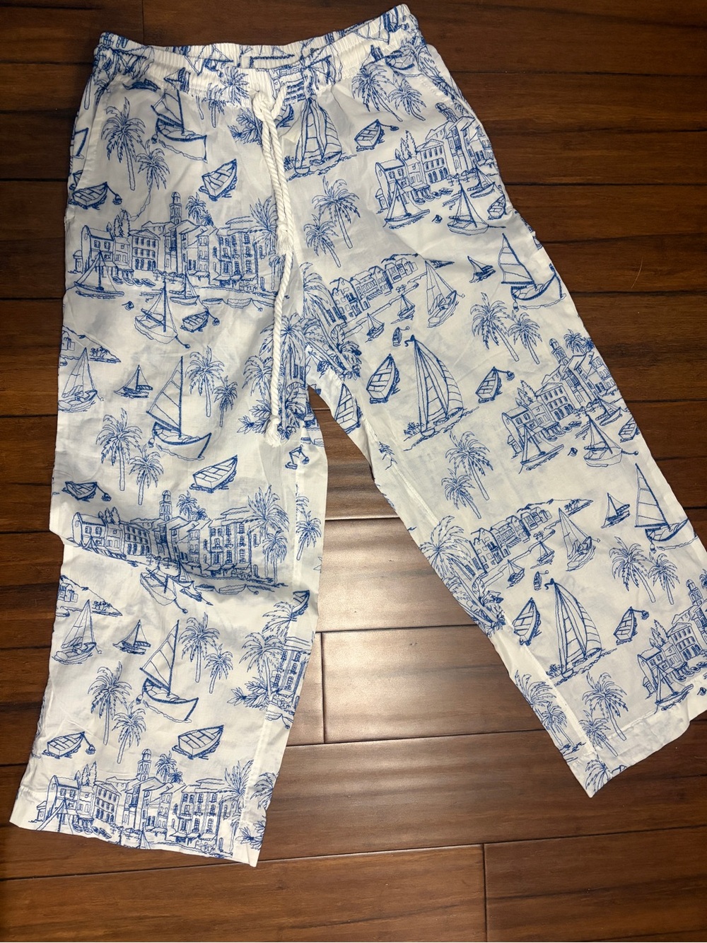 White Linen Beach Print Drawstring Pants - Blue Nautical Sketch